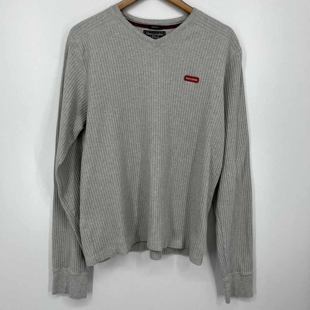 Abercrombie & Fitch Long Sleeve Shirt Men's XL Gray Ribbed Muscle Logo Y2K